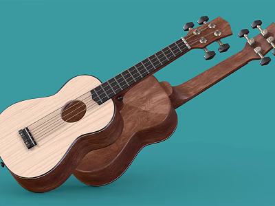 Two Wooden Ukuleles In Light And Dark Brown Lying On Teal Background 3d model