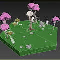 Cartoon Scene With Green Grass Pink Trees White Tree Stones And Small Plants