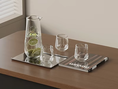 Modern Clear Glass Tea Set with Teapot Cups Lime Slices on Silver Tray Wooden Table 3d model