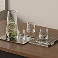 Modern Clear Glass Tea Set with Teapot Cups Lime Slices on Silver Tray Wooden Table