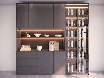 Modern Wine Cabinet Interior With Glass Doors Wine Bottles Glassware Lighting Drawers And Cabinets 3d model