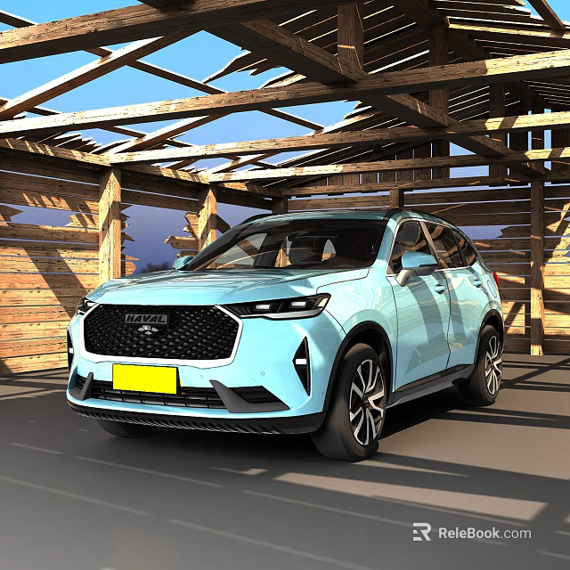 Modern Light Blue Haval SUV Parked Under Wooden Structure Shed 3d model 