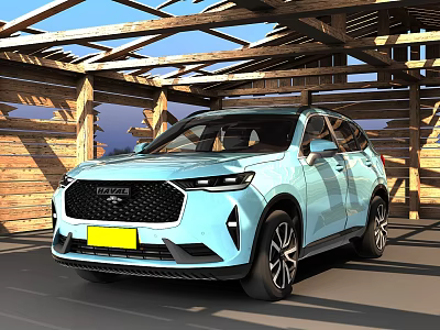 Modern Light Blue Haval SUV Parked Under Wooden Structure Shed 3d model