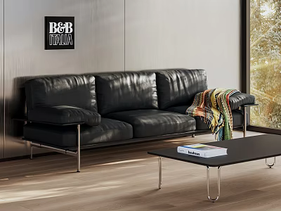 Modern Black Leather Sofa Coffee Table Set With Metal Legs And Colorful Throw Blanket 3d model