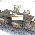 Rustic Wooden Dining Set With Rattan Chairs Green Plant And Gray Rug