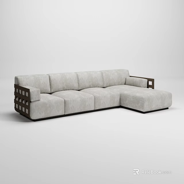 Modern Light Gray Sectional Sofa With Wooden Frame And L Shaped Design 3d model