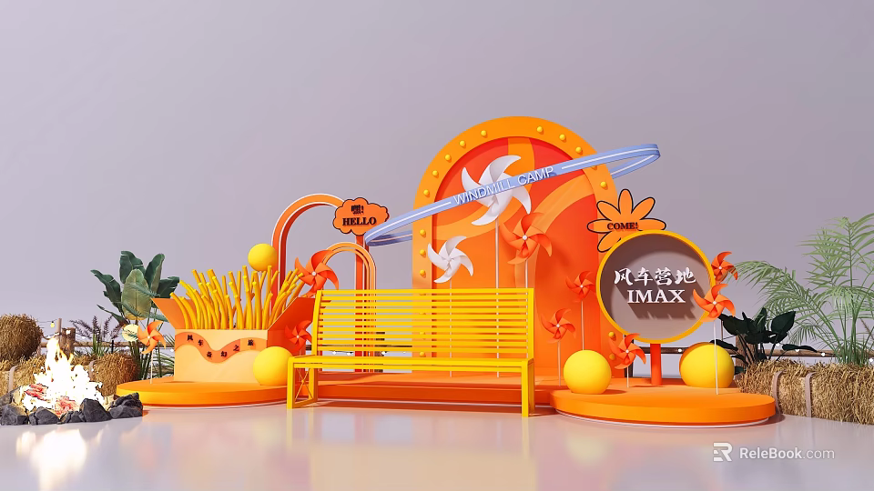 Vibrant Orange Inflatable Structure With Pinwheels Bench And Air Safety Theme 3d model
