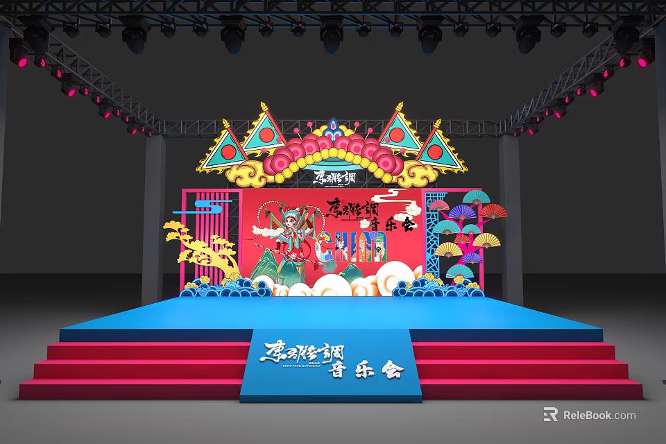 Traditional Stage Design for Lingyan Pavilion Concert with Red Blue Elements and Decorations 3d model 