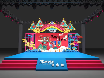 Traditional Stage Design for Lingyan Pavilion Concert with Red Blue Elements and Decorations 3d model