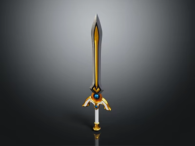 Decorative Fantasy Sword With Golden Blade Blue Gemstone Golden Hilt Guard And White Base 3d model