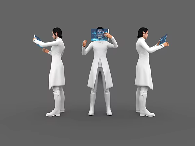 Women in White Coats Holding Digital Devices With Holographic Projection Display Interface 3d model