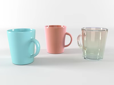 Three Colorful Mugs With Handles In Blue Pink And Transparent Designs 3d model