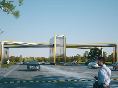 Modern Entrance Gate With Metal And Glass Structure Cars Passing Through Trees And Blue Sky 3d model