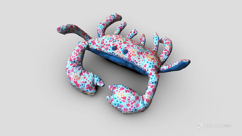 Crab Shaped Plush Toy with Blue Base and Colorful Floral Pattern Adorable Claws and Legs 3d model 