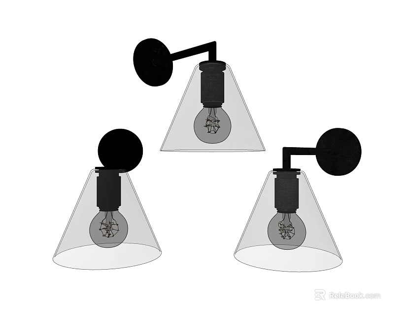 Three Modern Wall Lamps with Transparent Cone Shades and Black Arms for Home Decorative Lighting 3d model 