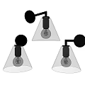 Three Modern Wall Lamps with Transparent Cone Shades and Black Arms for Home Decorative Lighting