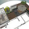 Roof Garden With Glass Roof Wooden Shelves Tea Table Benches And Mountain Painting