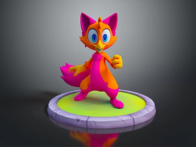 Cartoon Fox Like Creature Character With Vibrant Pink Orange Colors Standing On Circular Platform 3d model