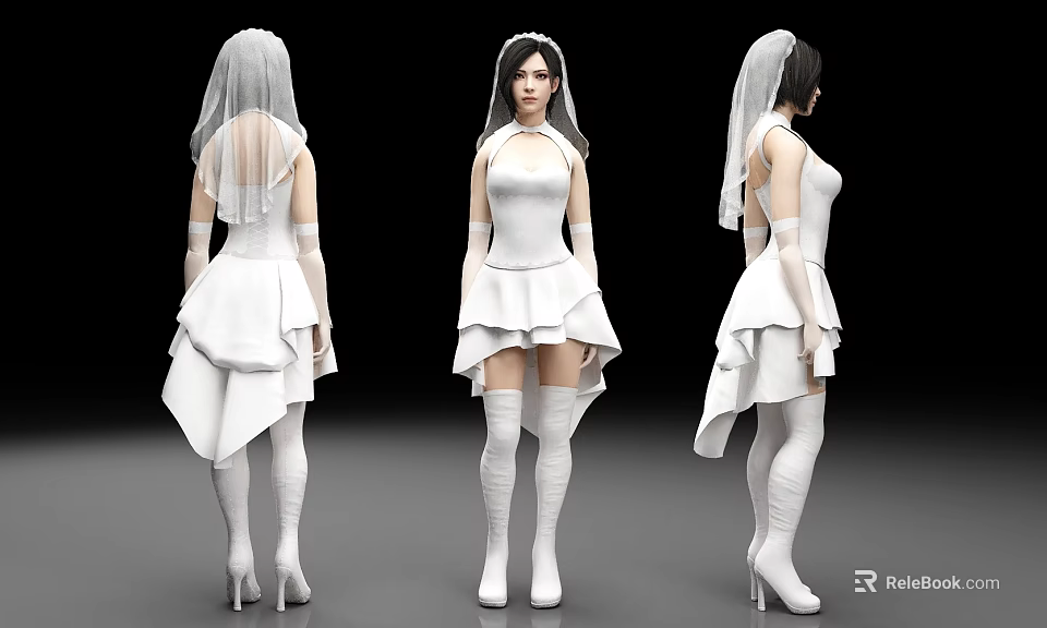 Woman Wearing White Bridal Gown with Veil Stockings and High Heels in Three Views 3d model 