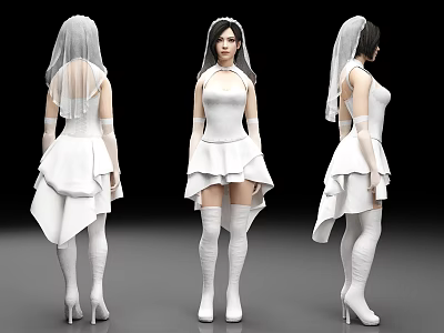 Woman Wearing White Bridal Gown with Veil Stockings and High Heels in Three Views 3d model