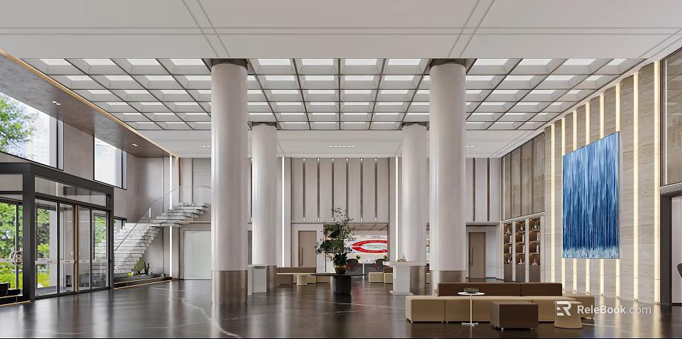 Modern Bright Spacious Bank Lobby Interior Design With Marble Columns And Comfortable Customer Waiting Areas 3d model 