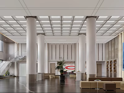 Modern Bright Spacious Bank Lobby Interior Design With Marble Columns And Comfortable Customer Waiting Areas 3d model