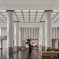 Modern Bright Spacious Bank Lobby Interior Design With Marble Columns And Comfortable Customer Waiting Areas