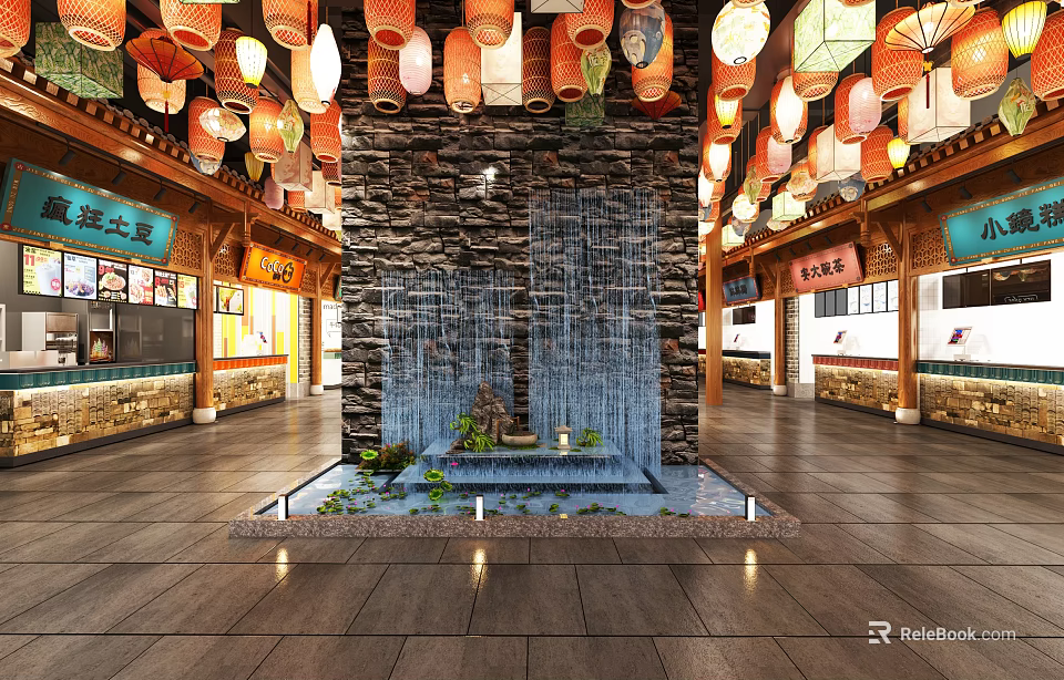 Chinese Style Shopping Mall Store Interior With Colorful Lanterns And Stone Waterfall 3d model 