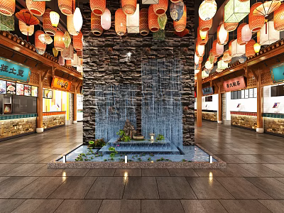 Chinese Style Shopping Mall Store Interior With Colorful Lanterns And Stone Waterfall 3d model