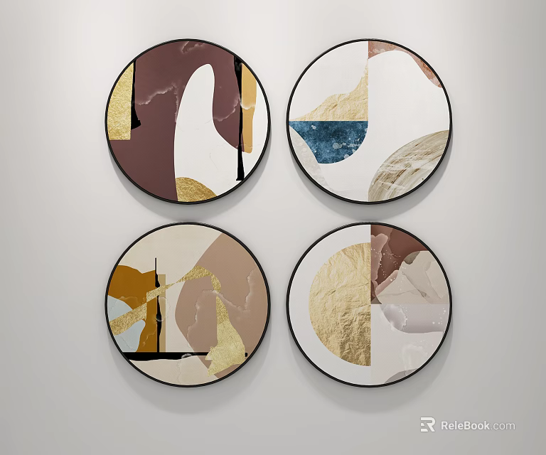 Modern Abstract Round Framed Paintings With Marble Gold Blue And Neutral Elements 3d model