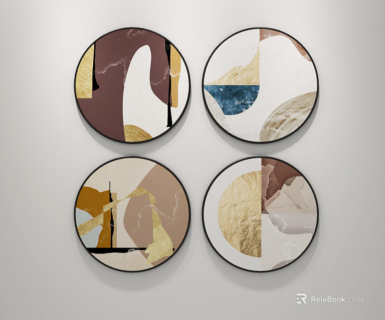 Modern Abstract Round Framed Paintings With Marble Gold Blue And Neutral Elements 3d model 