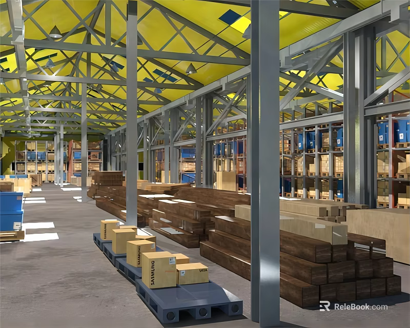 Warehouse Interior With Yellow Roof Metal Frames Stacked Wooden Boxes And Pallets 3d model 