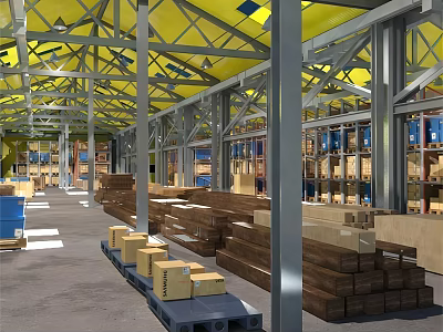 Warehouse Interior With Yellow Roof Metal Frames Stacked Wooden Boxes And Pallets 3d model