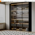Modern Wine Cabinet With Glass Doors And Shelves For Wine Bottles And Glasses