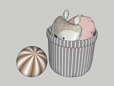 Gray Striped Storage Basket with Lid for Organizing Plush Rabbit Toy and Pink Items 3d model