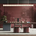 Traditional Modern Tea Room Interior Design With Red Wall Tea Table And Decorative Pillars