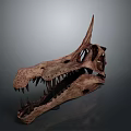 Ancient Dinosaur Skull Fossil With Sharp Teeth And Horn Structure On Dark Background