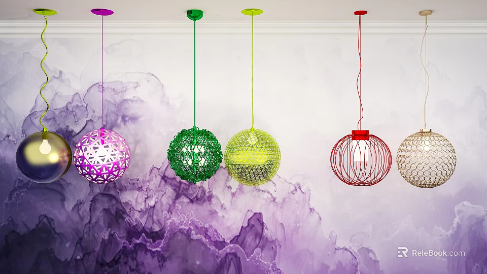 Colorful Spherical Pendant Lights With Hollow Design On Purple Ink Wall 3d model 