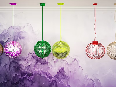 Colorful Spherical Pendant Lights With Hollow Design On Purple Ink Wall 3d model