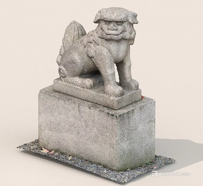 Traditional Stone Lion Statue Sitting On Pedestal With Small Stones 3d model 