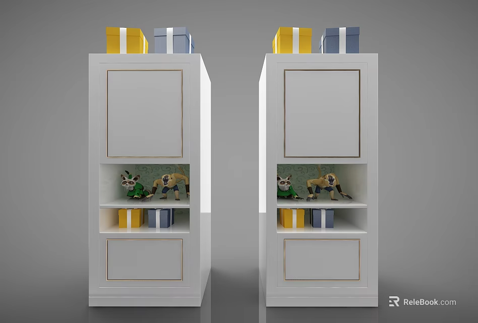 White Decorative Cabinets With Gold Trim And Top Boxes Shelves With Figurines And Books 3d model 