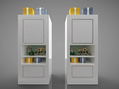 White Decorative Cabinets With Gold Trim And Top Boxes Shelves With Figurines And Books 3d model