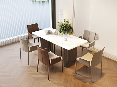 Elegant Modern Dining Table Set With Marble Top And Floral Decorations 3d model