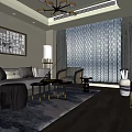 Modern Hotel Public Lounge With Gray Sofa Coffee Table Large Windows Wall Art And Chandelier
