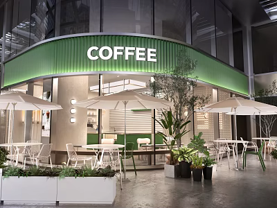 Modern Bubble Tea Shop Exterior With Green Awning White Umbrellas Tables Chairs And Plants 3d model
