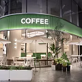 Modern Bubble Tea Shop Exterior With Green Awning White Umbrellas Tables Chairs And Plants