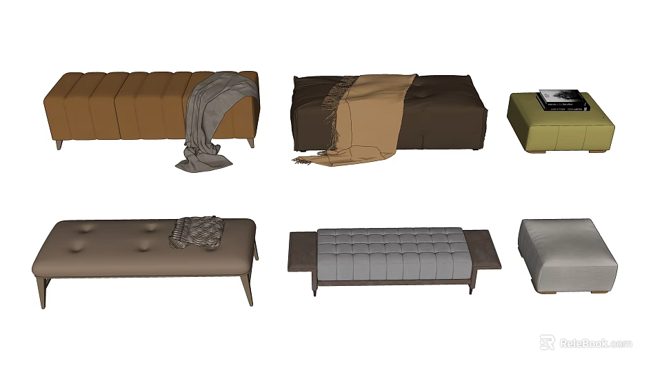 Stylish Sofa Stools In Multiple Colors With Tufted Details And Blankets 3d model