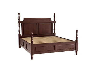 Dark Wooden Four Poster Double Bed With Simple Headboard And Sturdy Frame 3d model