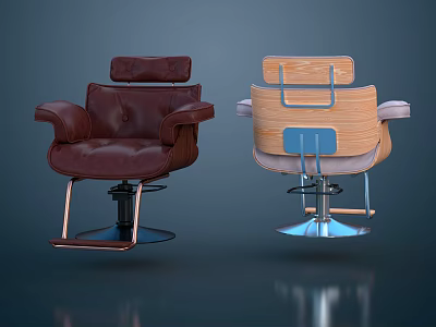 Two Modern Massage Chairs With Dark Red Leather And Wooden Backrest Swivel Base Design 3d model