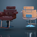 Two Modern Massage Chairs With Dark Red Leather And Wooden Backrest Swivel Base Design